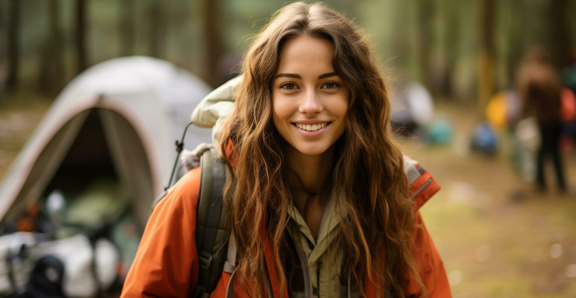 ai generado sonriente joven mujer excursionismo en el bosque generado por ai foto