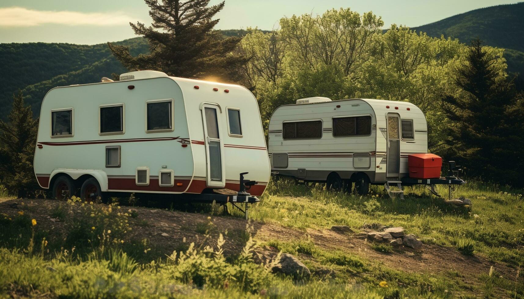 AI generated Camping motor home travels through nature landscapes generated by AI photo