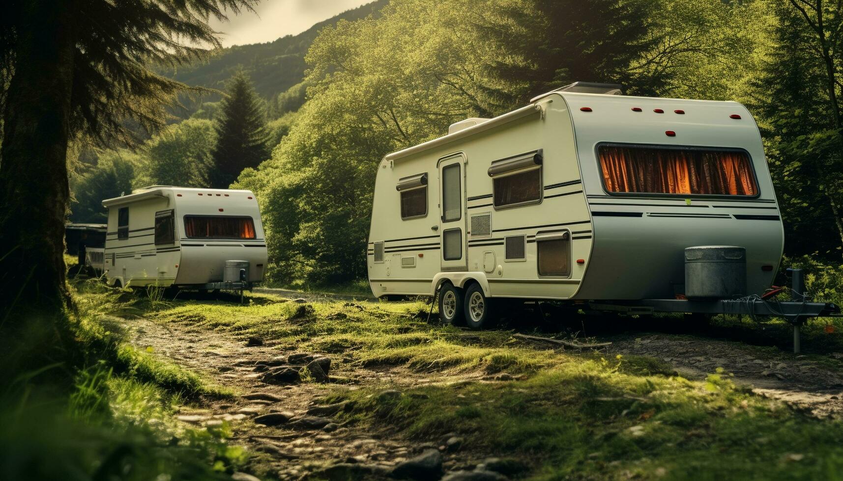 AI generated Camping motor home travels through nature adventure generated by AI photo
