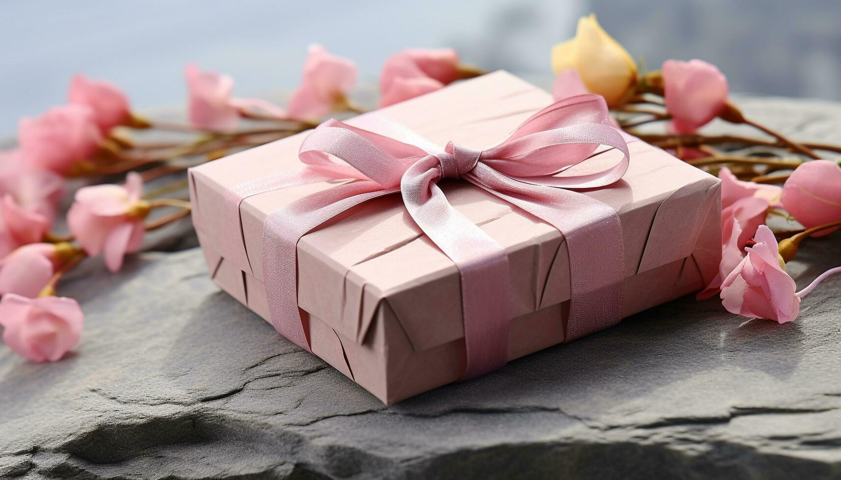 AI generated Romantic pink gift box wrapped with flower petals generated by AI photo