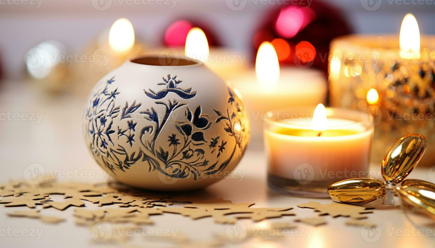 AI generated Glowing flame illuminates elegant Christmas decoration on table generated by AI photo