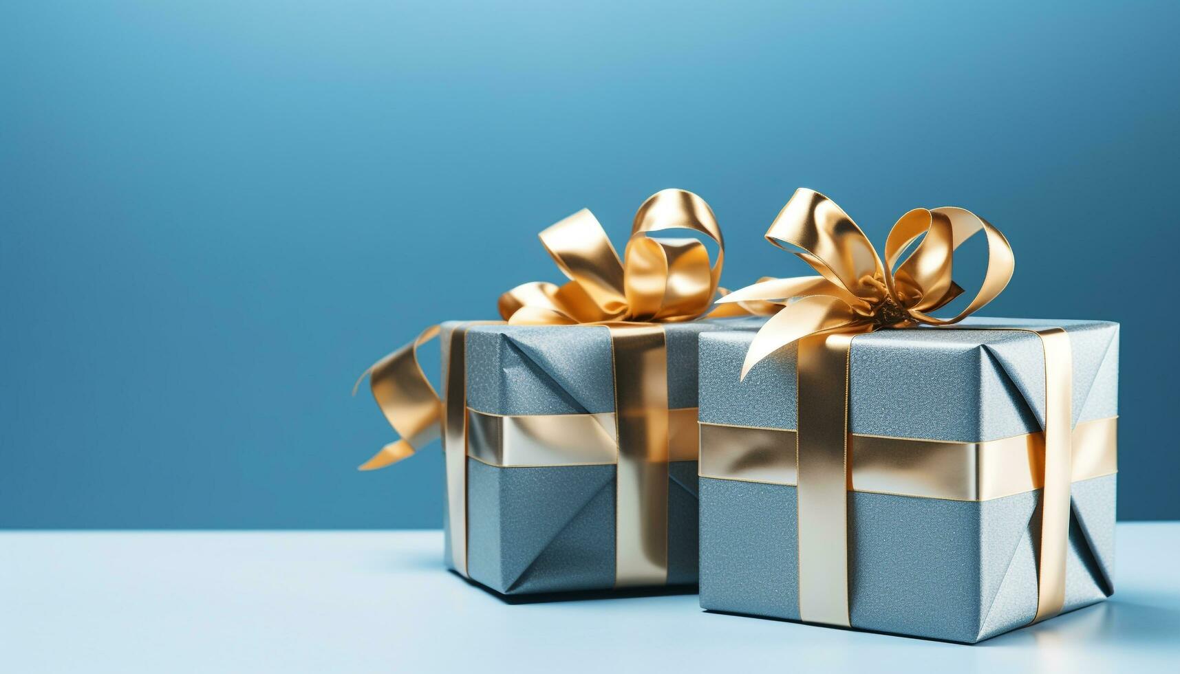 AI generated Shiny blue gift box wrapped in gold generated by AI photo