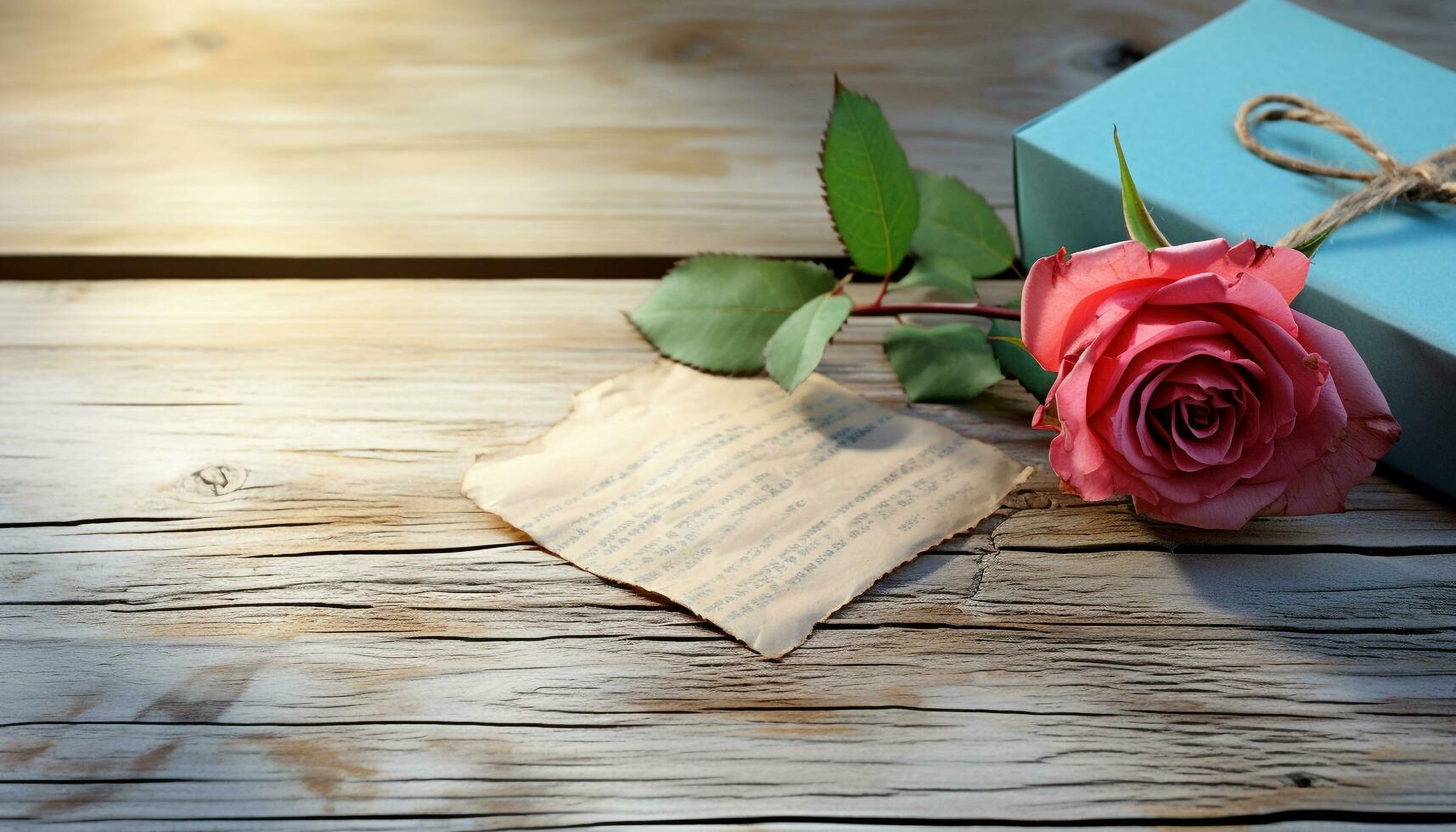 AI generated Romantic love blossoms on old wooden table generated by AI photo