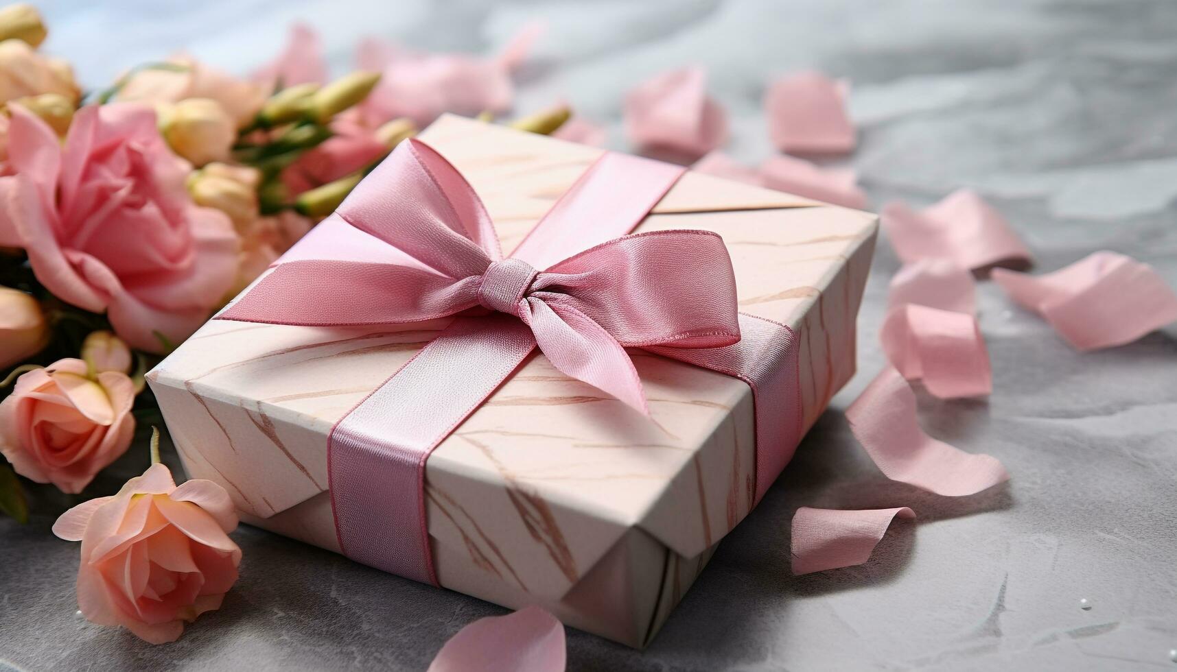 AI generated Birthday gift box wrapped in pink wrapping paper generated by AI photo