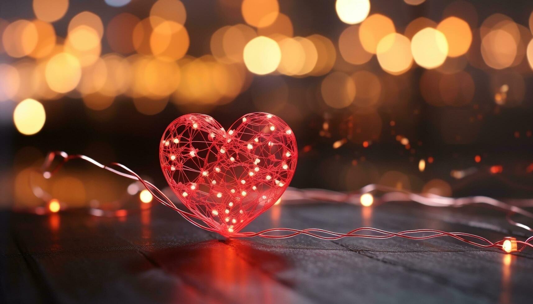 AI generated Romantic celebration with glowing heart shape on wood generated by AI photo