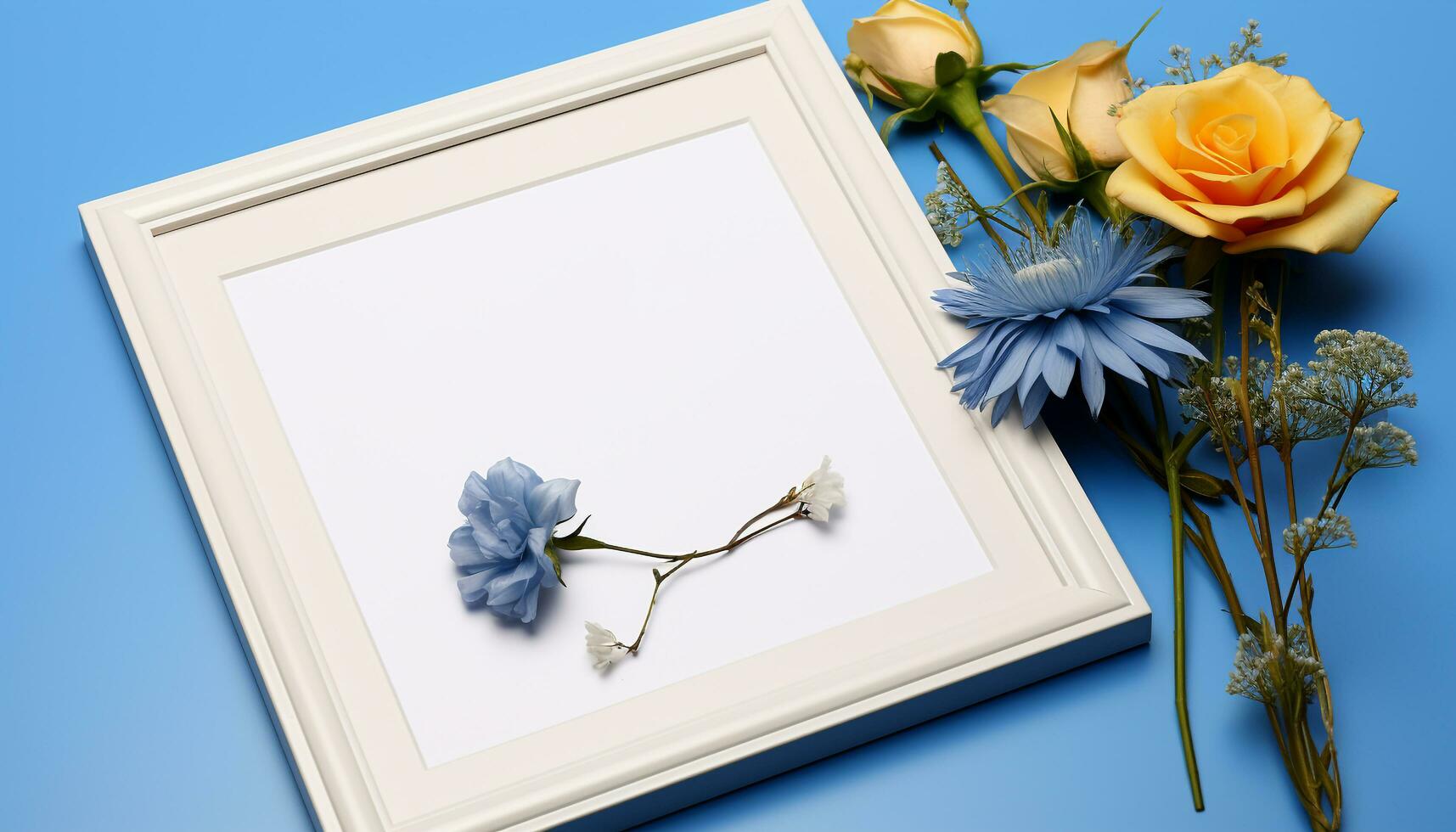 AI generated Blue flower on wooden table, a picture frame generated by AI photo