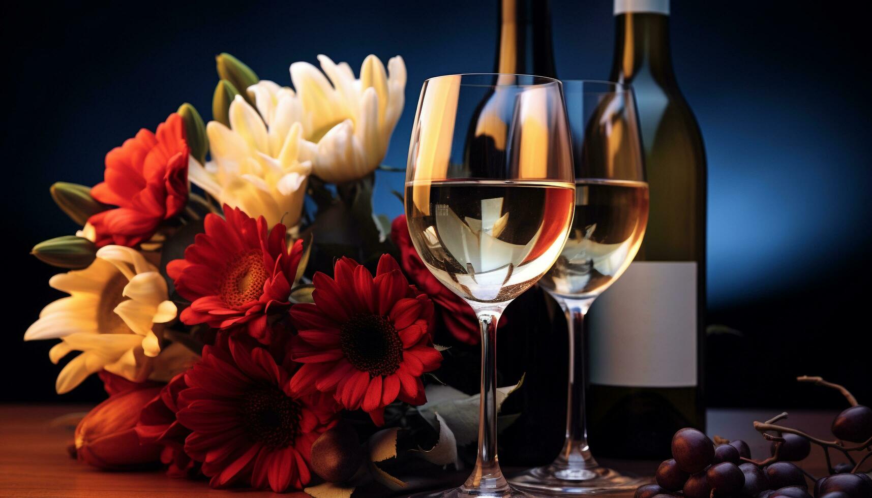 AI generated Celebration of love, wine, flowers, romance, elegance generated by AI photo