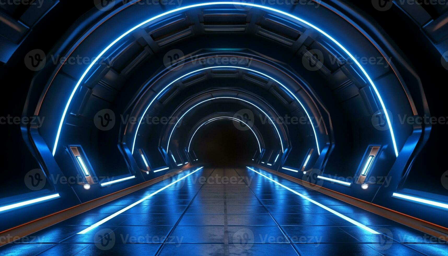 AI generated Futuristic underground corridor, illuminated by blue lighting equipment generated by AI photo