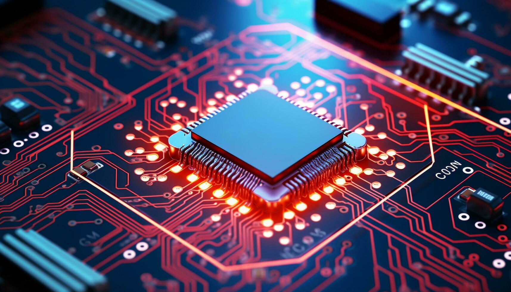 AI generated Computer chip on circuit board, powering global communications generated by AI photo