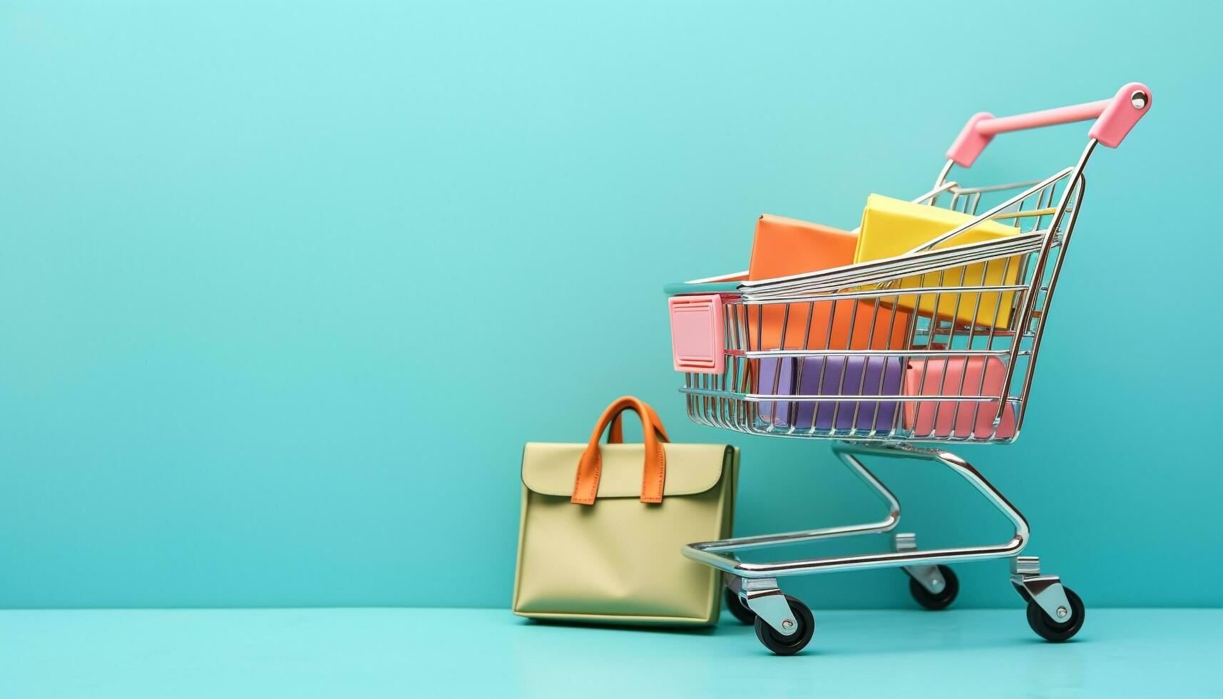 AI generated Multi colored shopping cart with blue packet inside generated by AI photo