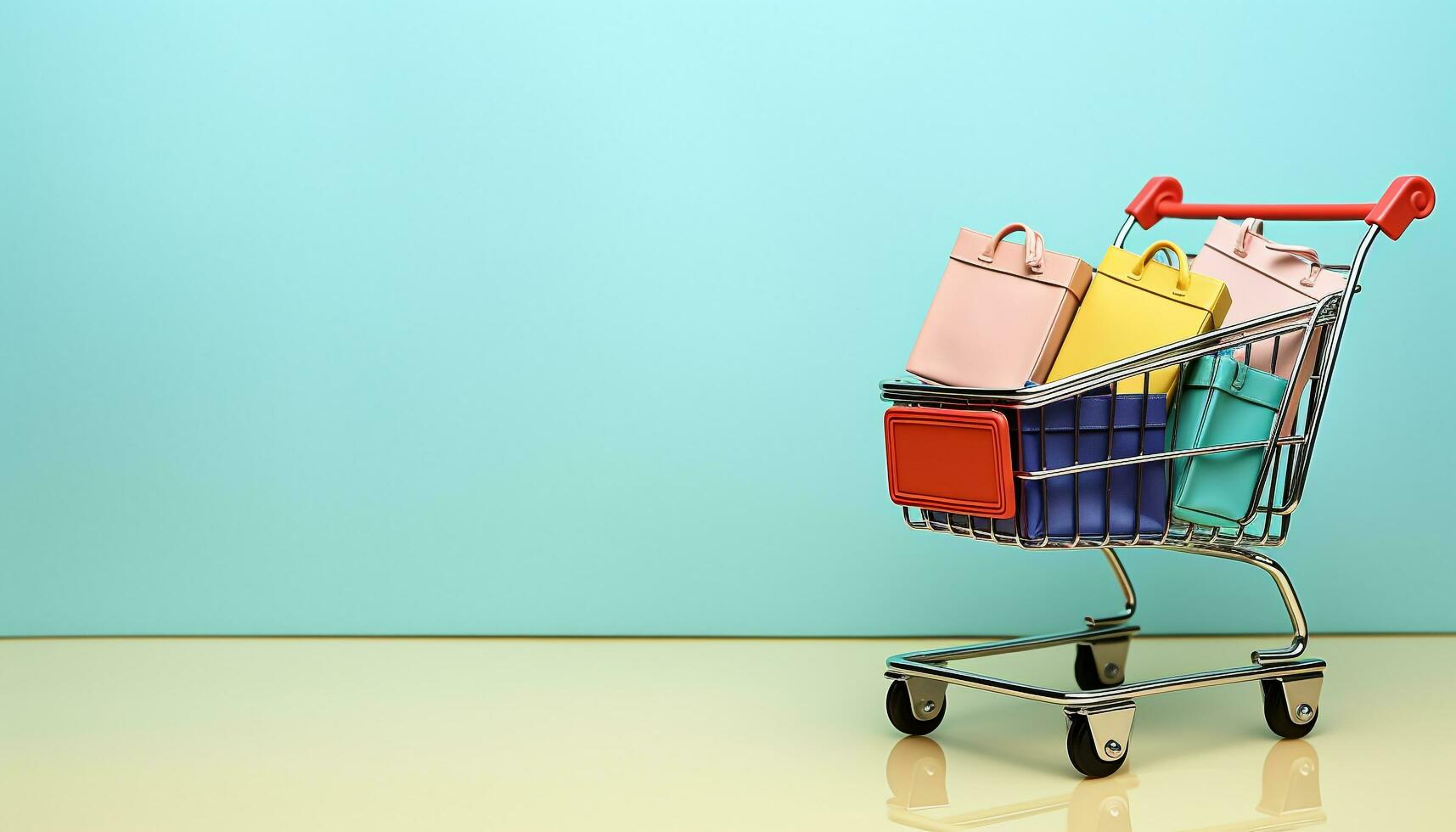 AI generated Empty supermarket cart on blue background, ready for shopping generated by AI photo