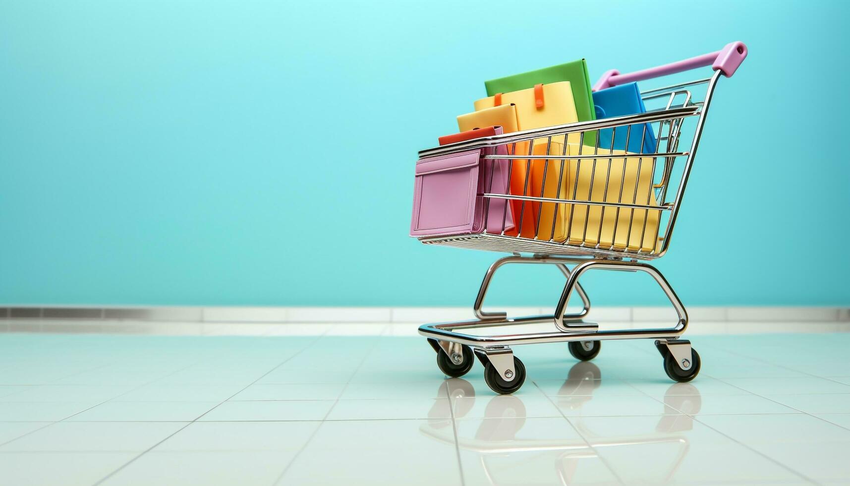 AI generated Empty supermarket cart with blue wheels indoors generated by AI photo