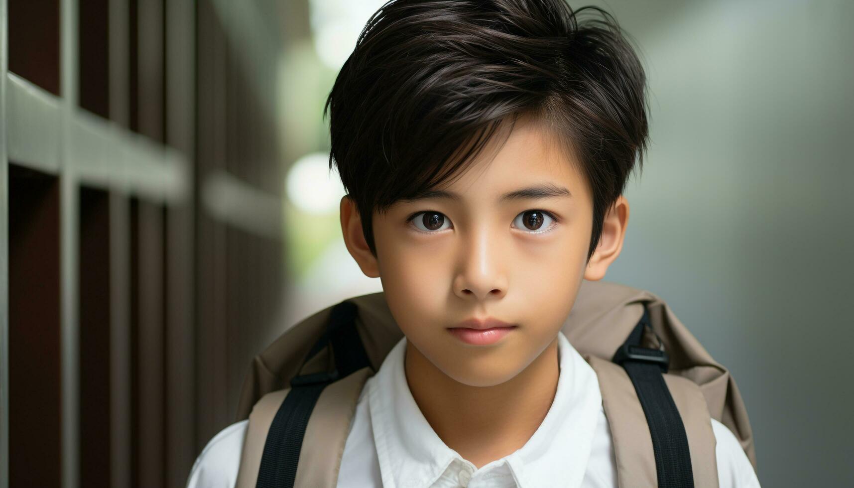 AI generated Smiling schoolboy with backpack, learning outdoors, happy generated by AI photo