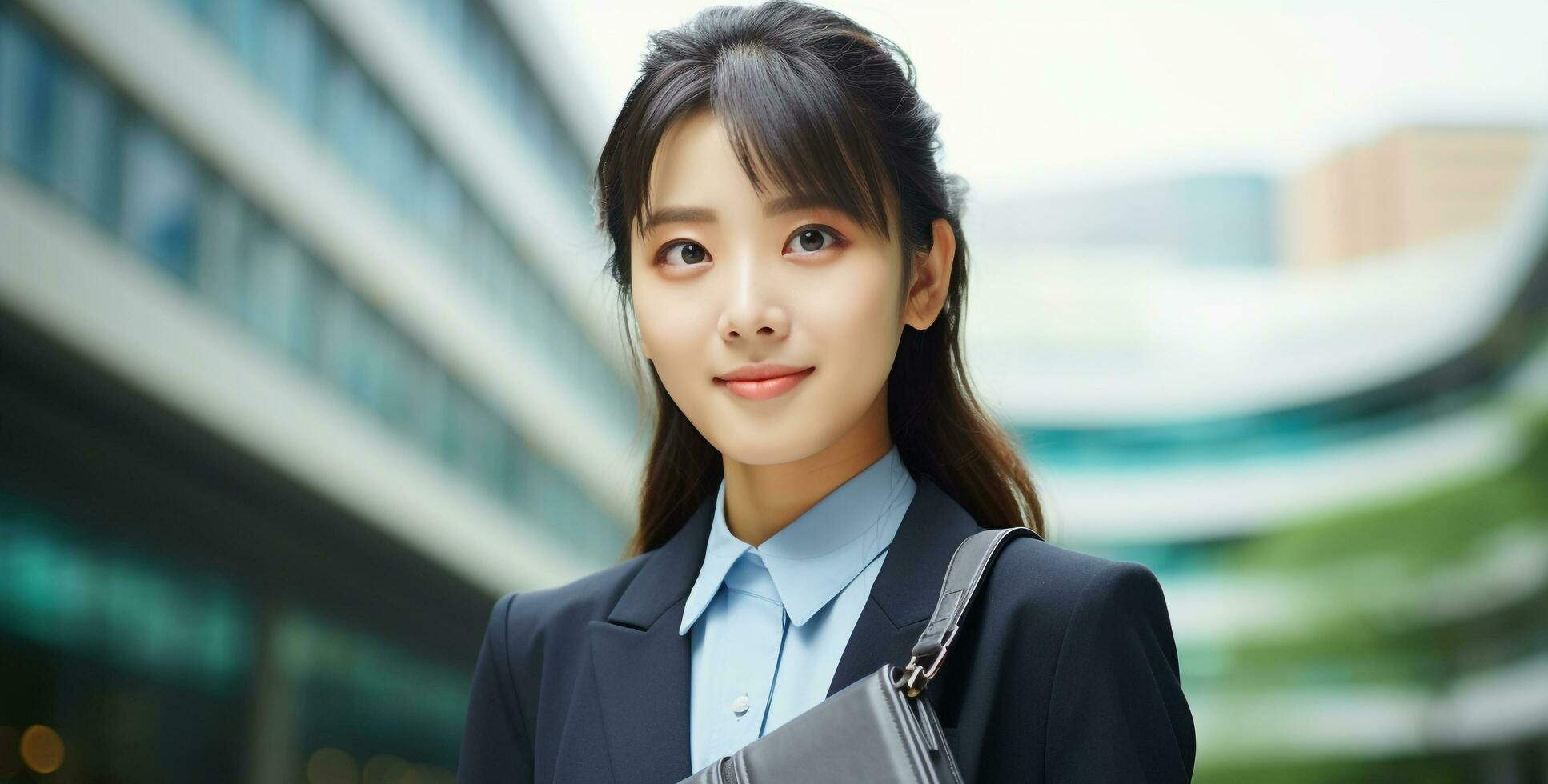 AI generated Smiling businesswoman in suit looking at camera outdoors generated by AI photo