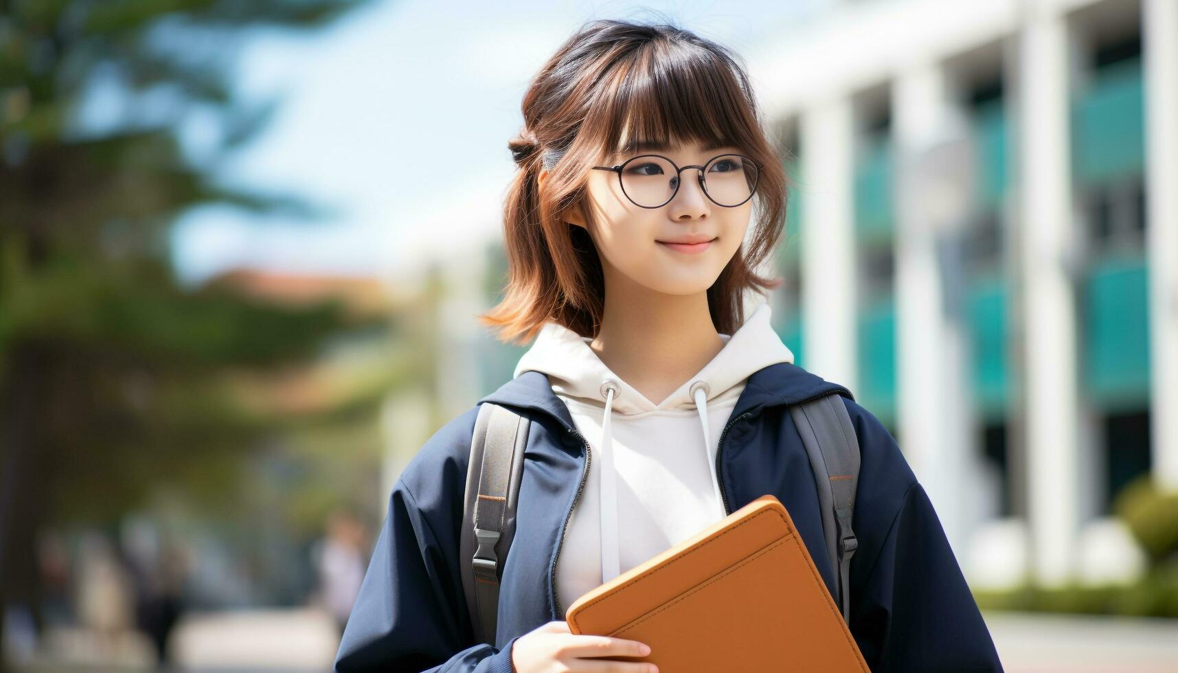 AI generated Smiling student studying outdoors, focusing on education generated by AI photo