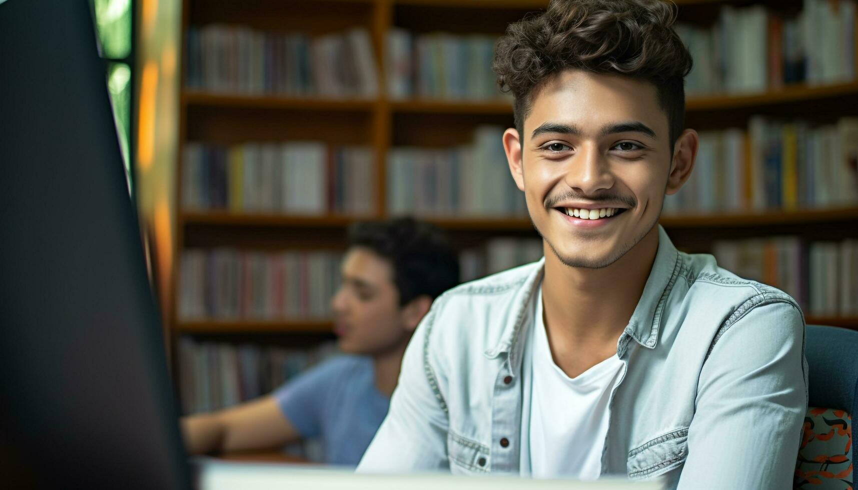 AI generated Smiling schoolboy studying in library, looking at camera generated by AI photo