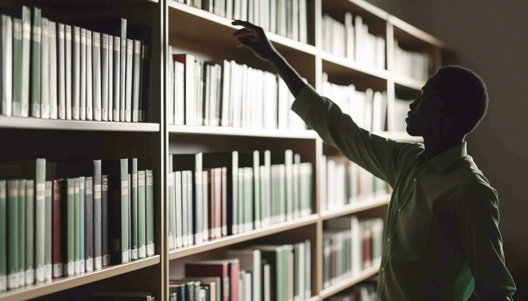 AI generated Young adult student studying, holding book in library generated by AI photo