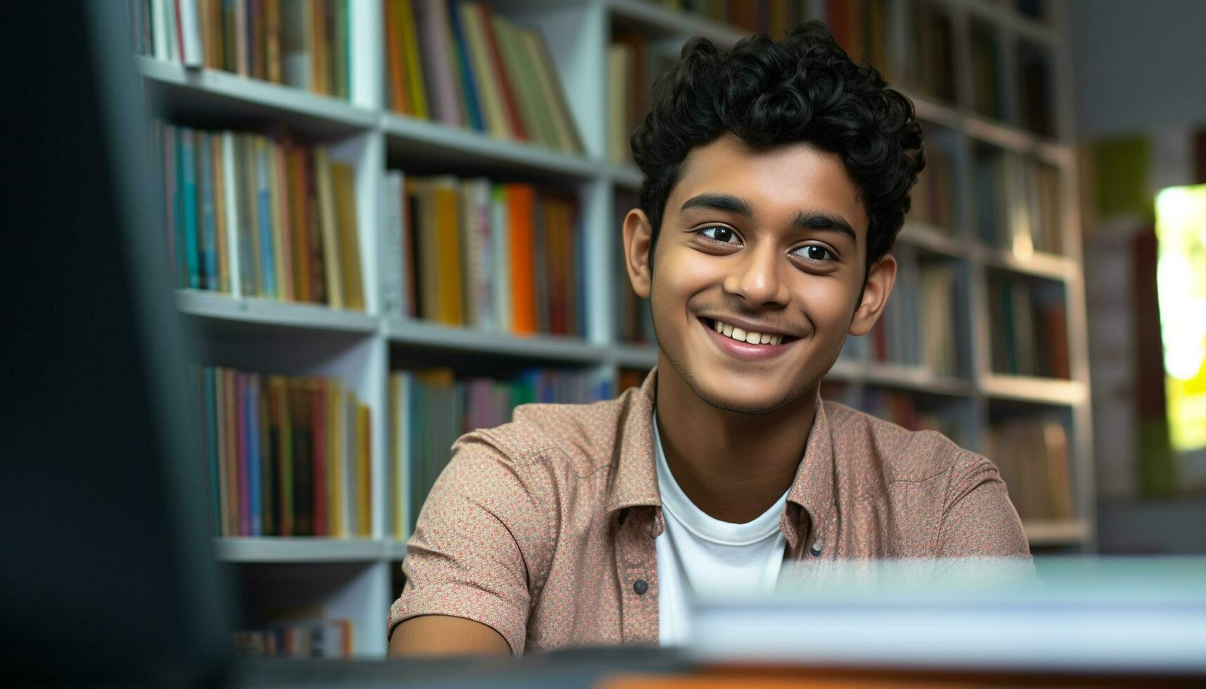 AI generated Smiling schoolboy studying in library with bookshelf generated by AI photo