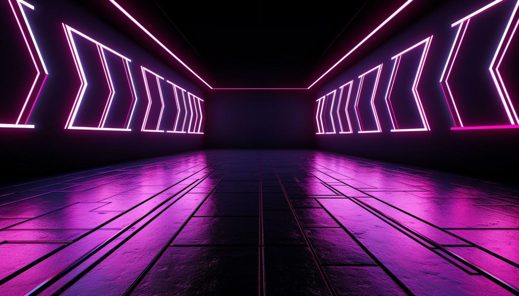 AI generated Futuristic neon corridor, bright blue wall, empty stage generated by AI photo
