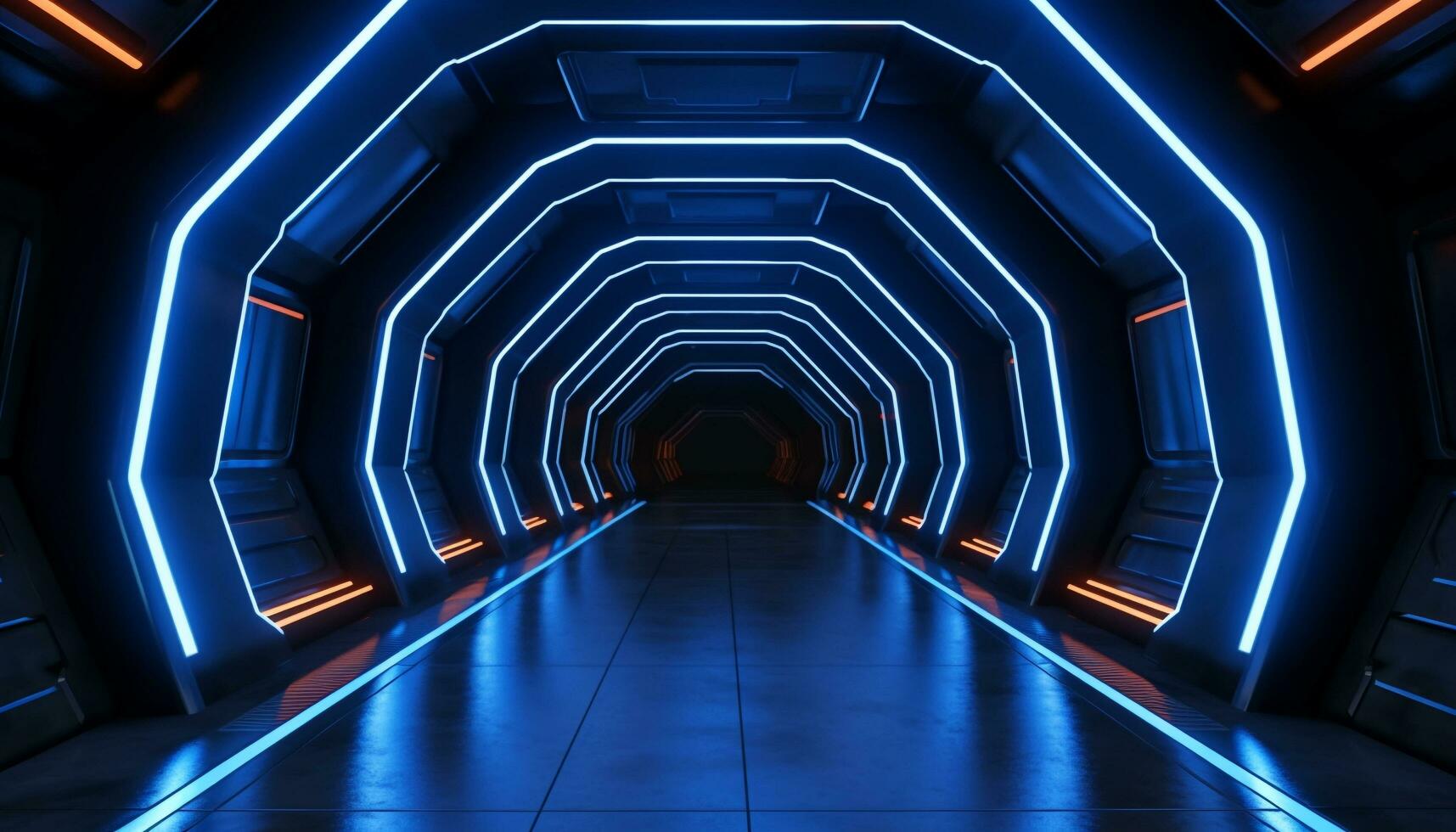 AI generated Futuristic blue corridor, illuminated by vibrant neon lights generated by AI photo