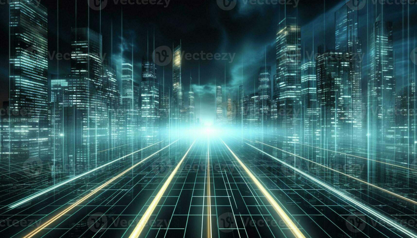 AI generated Futuristic skyscrapers glow in vibrant blue light generated by AI photo
