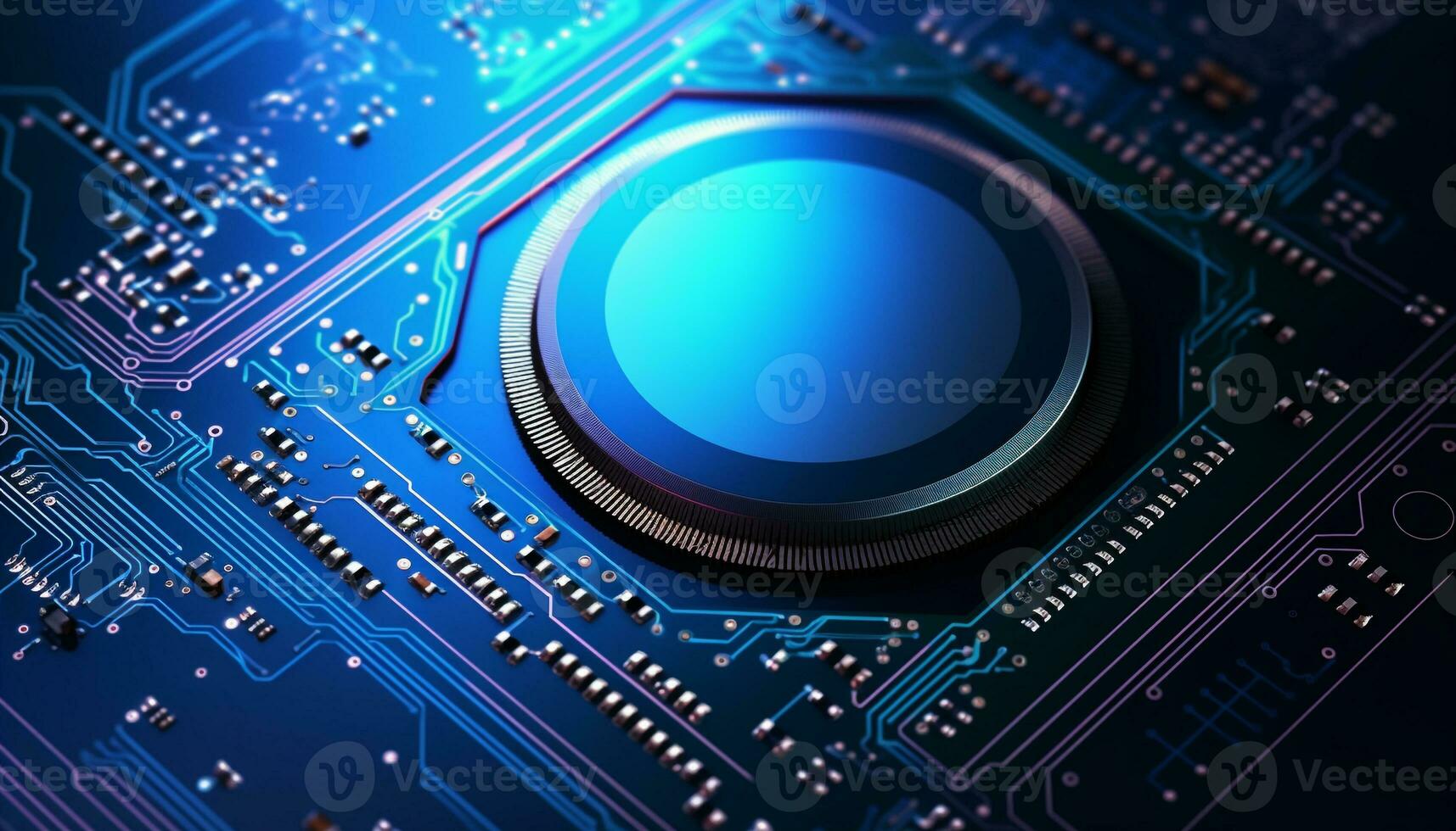 ai generado futurista computadora chip, azul circuito junta, eléctrico equipo generado por ai foto