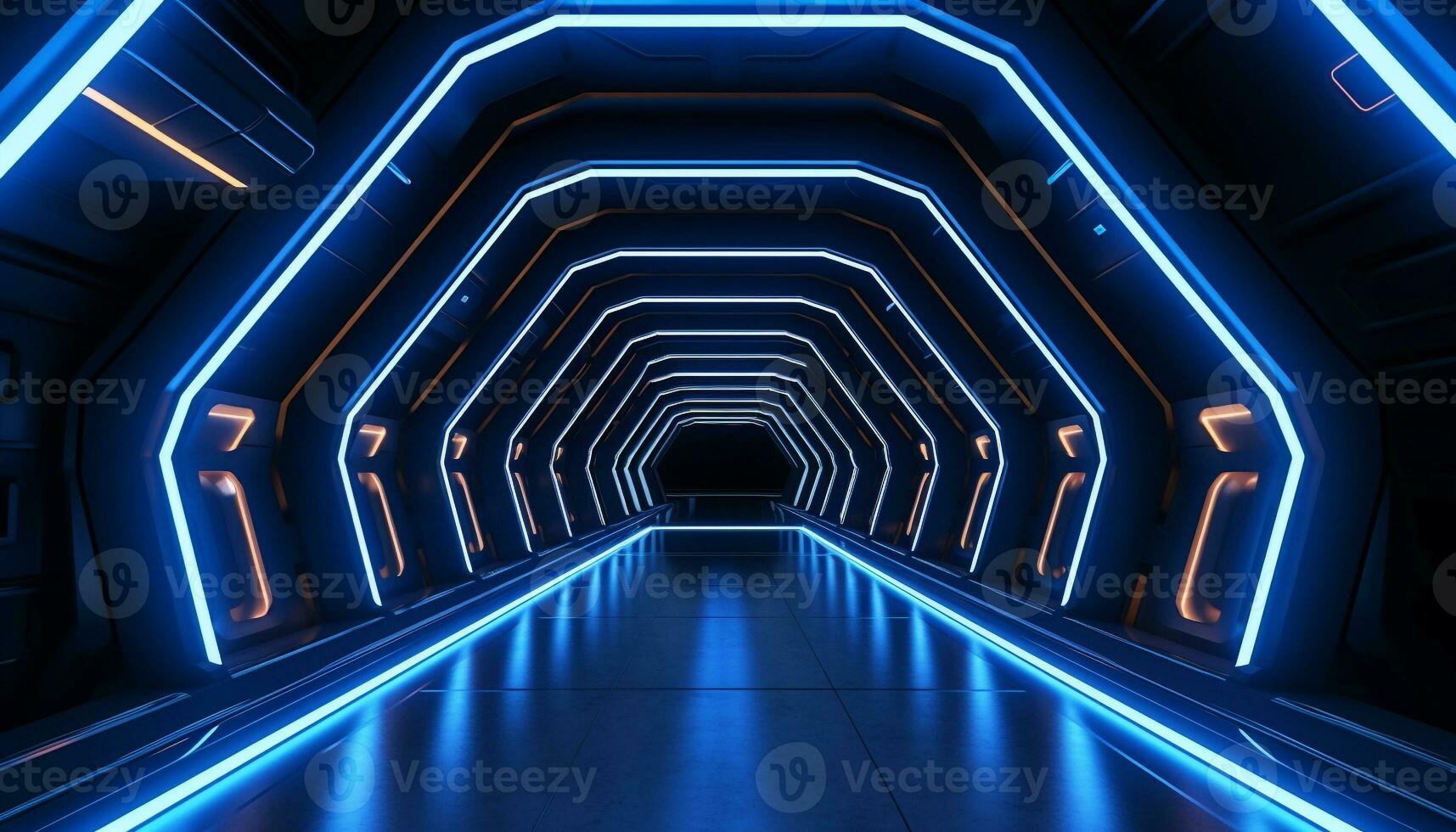 AI generated Futuristic blue corridor, glowing design, modern architecture generated by AI photo