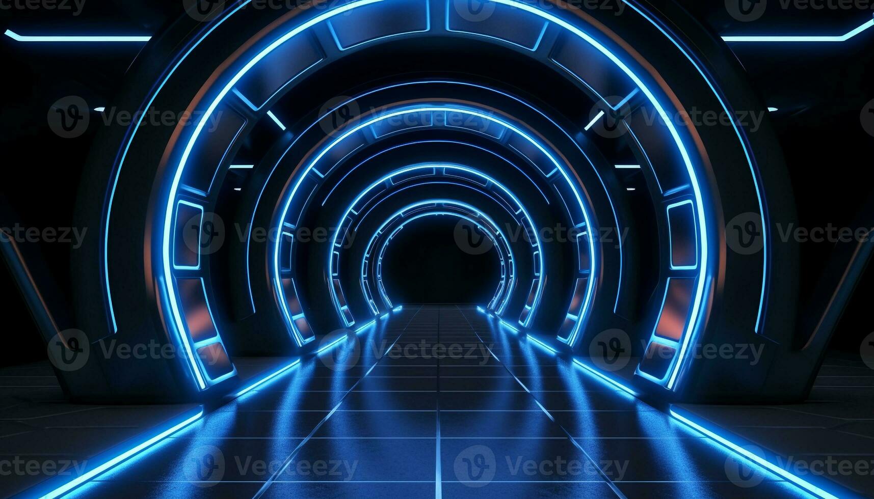 AI generated Futuristic architecture, blue corridor, modern design, glowing light generated by AI photo
