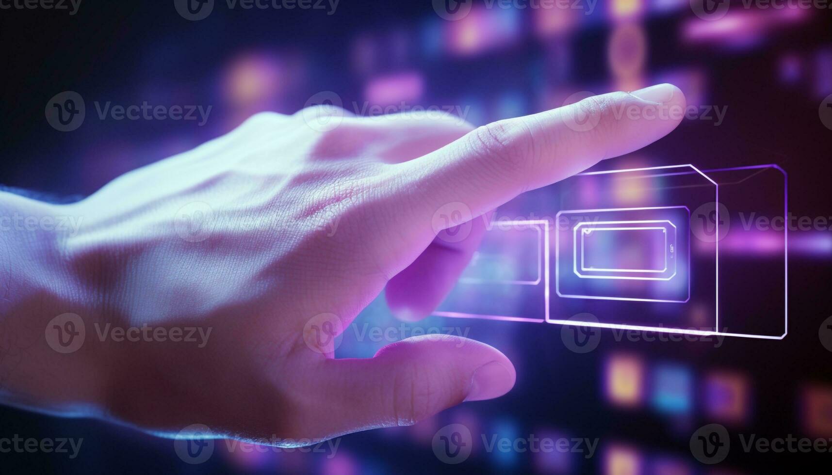 AI generated Futuristic businessman pointing, glowing blue, touching data generated by AI photo