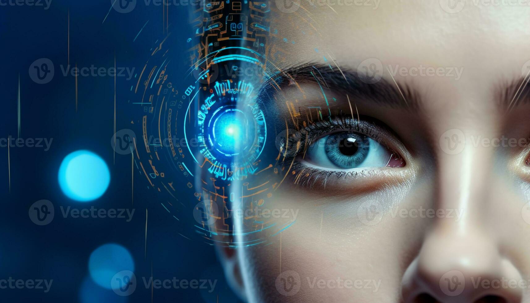 AI generated Futuristic technology  one person looking at glowing eyes generated by AI photo