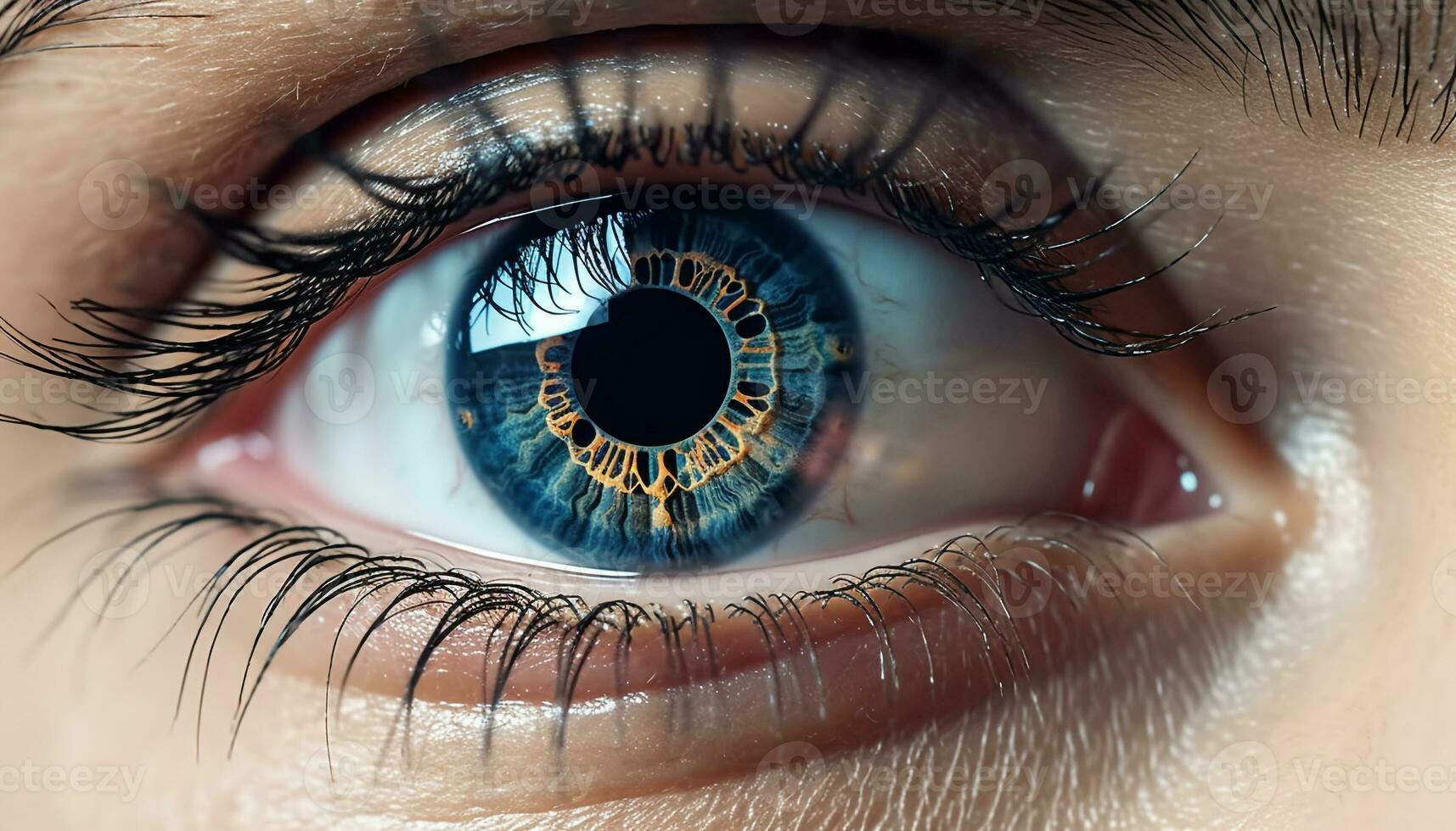 AI generated Close up of a woman blue eye staring generated by AI photo