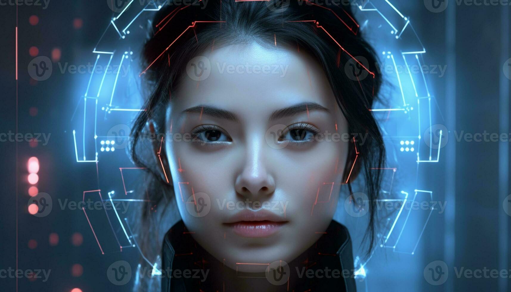 AI generated Young adult woman in futuristic virtual reality simulator generated by AI photo