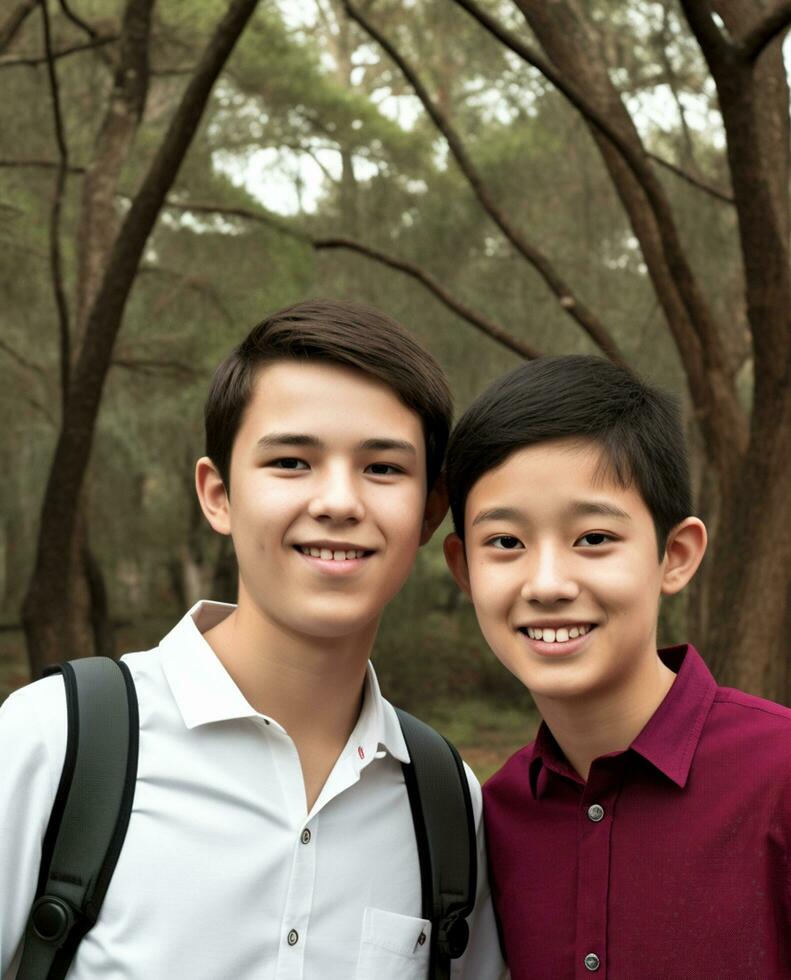 AI generated Smiling boys outdoors, cheerful backpack, looking at camera generated by AI photo