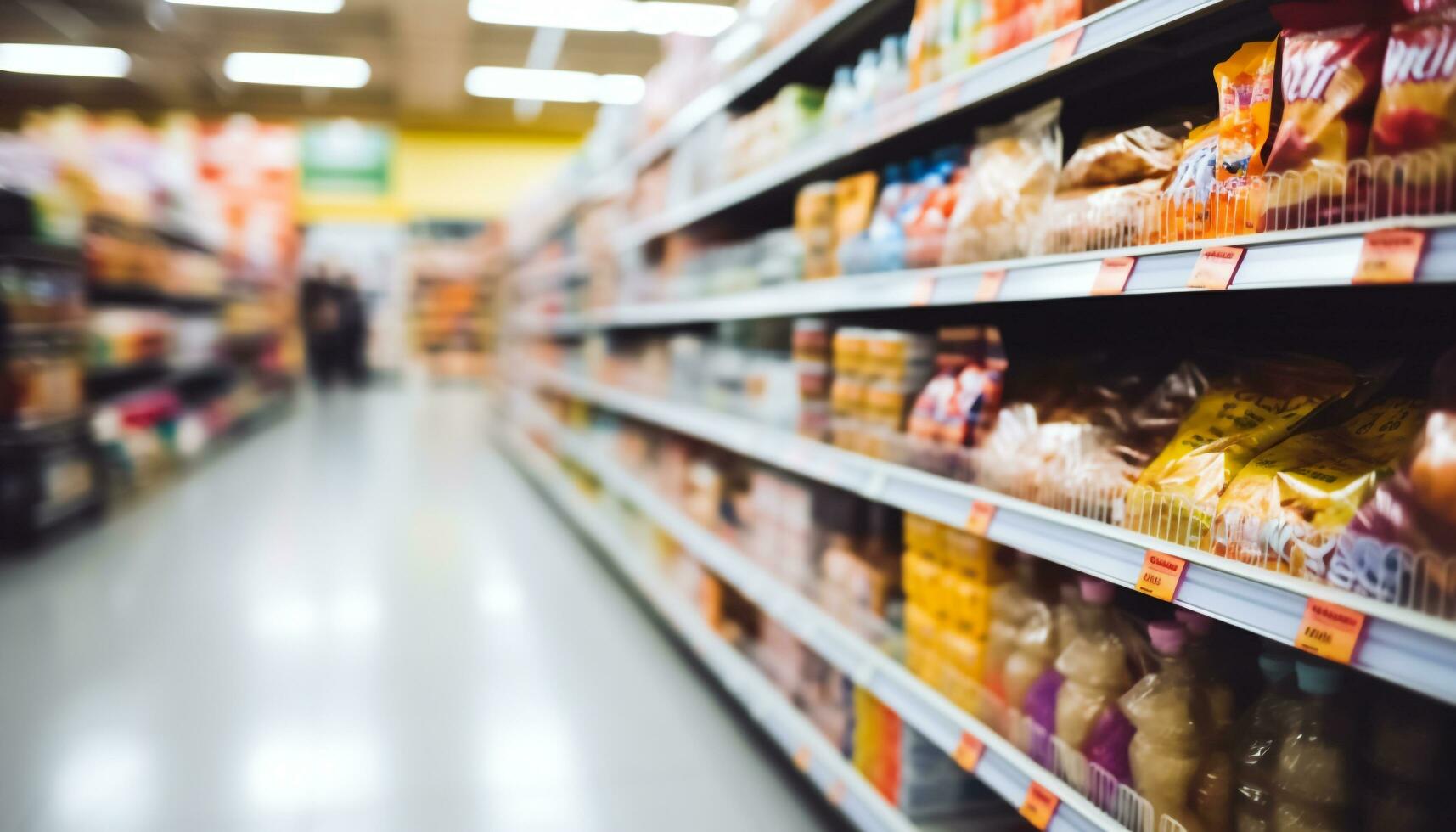 ai generado cliente comprando comestibles en un supermercado pasillo generado por ai foto