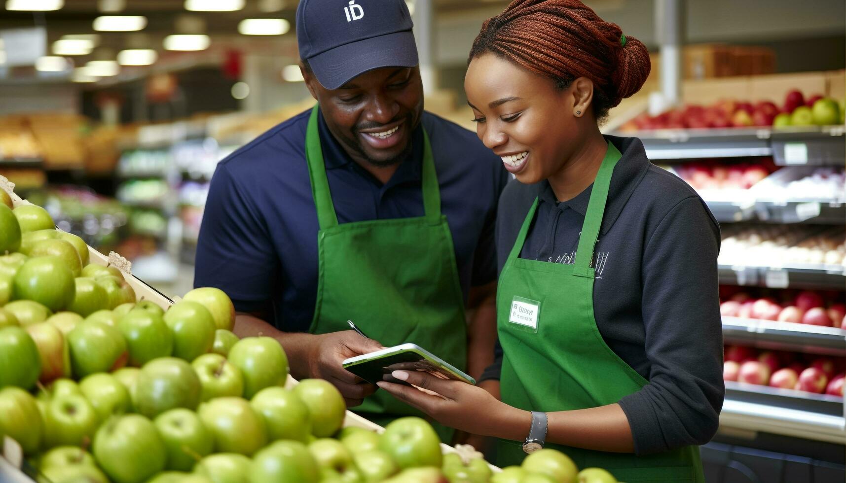 AI generated Smiling adults bonding, buying fresh groceries at supermarket generated by AI photo