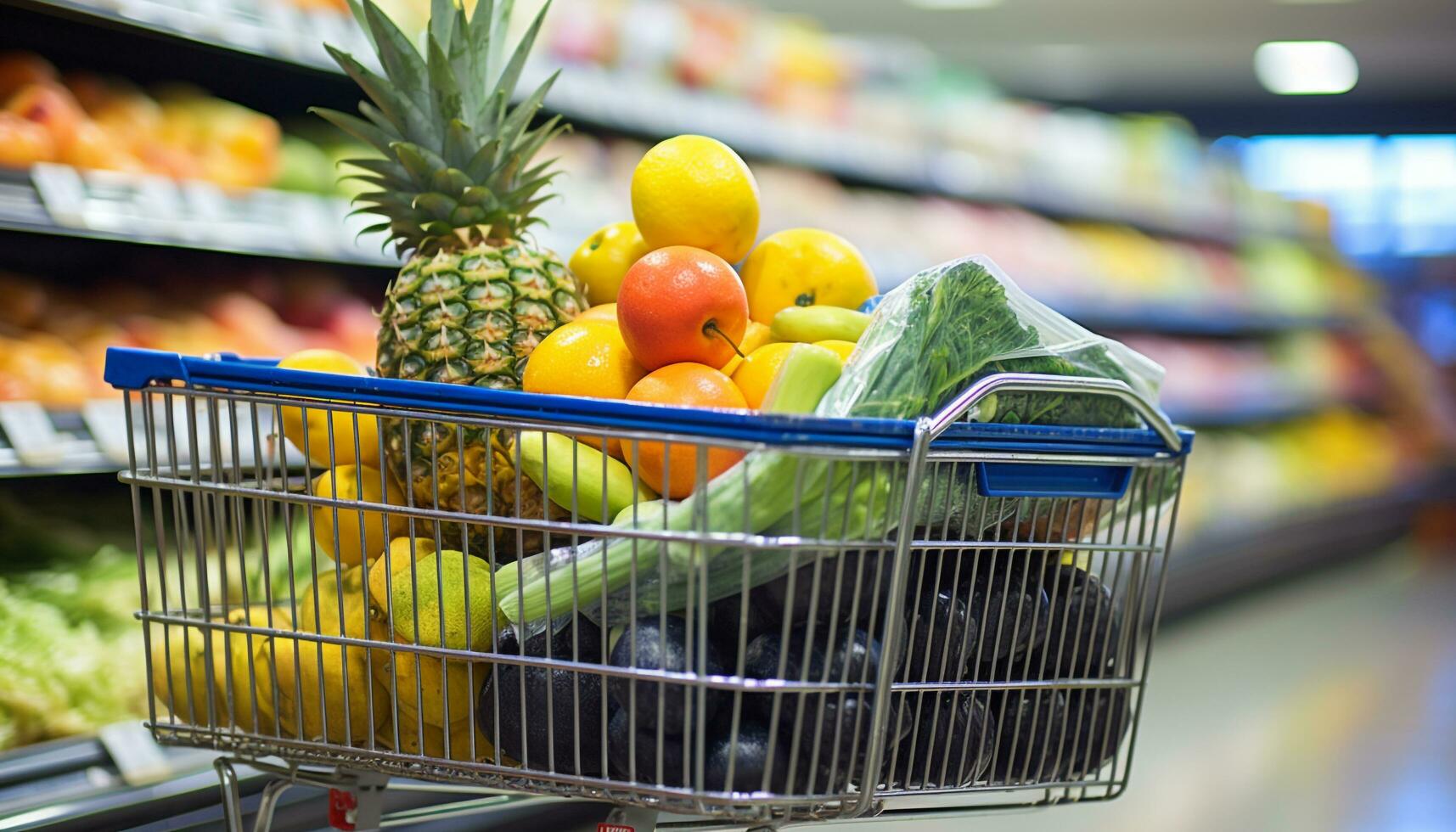 ai generado Fresco Fruta y vegetales llenar el supermercado estantería generado por ai foto