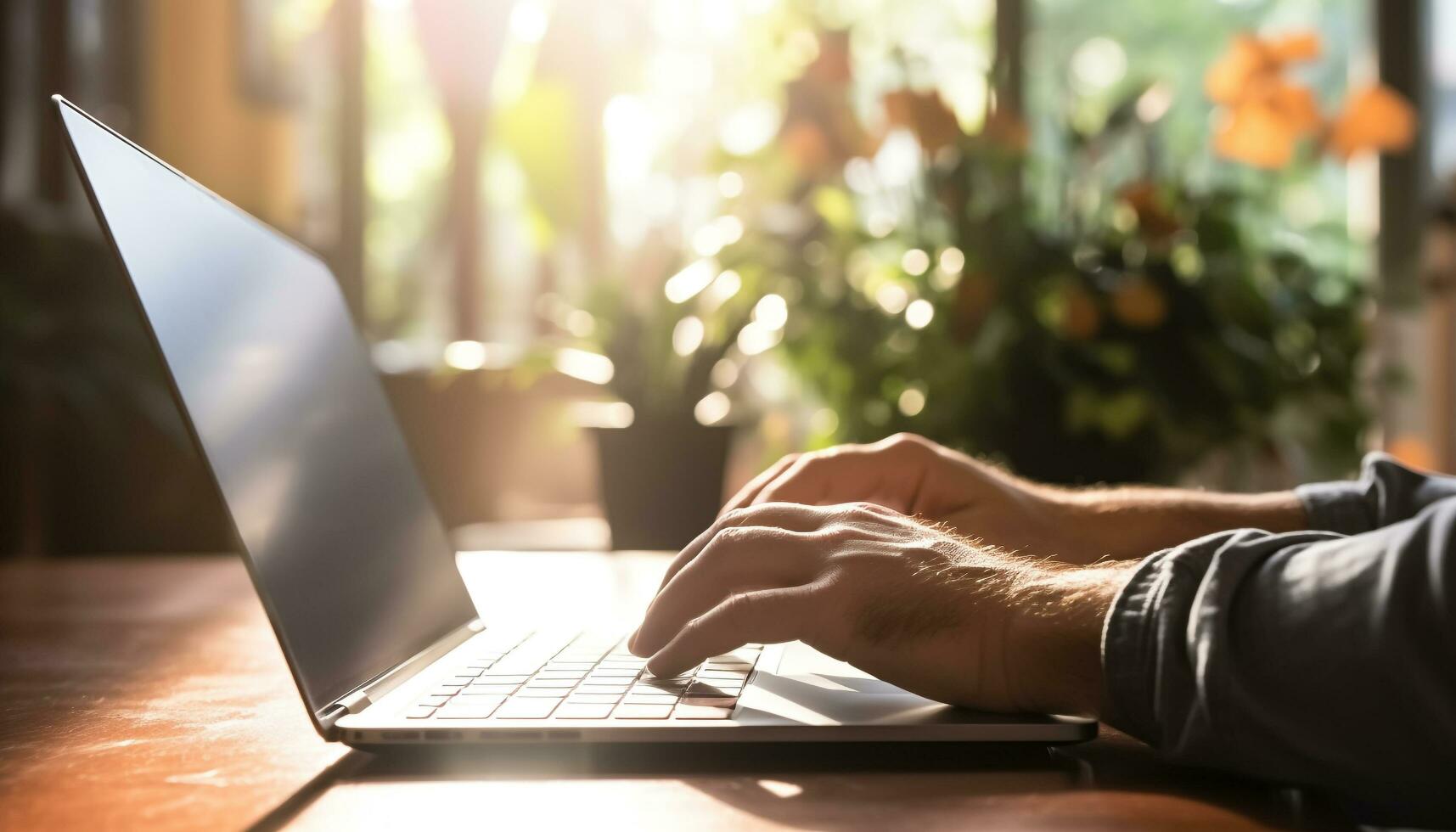 ai generado hombre trabajando en ordenador portátil en moderno oficina generado por ai foto