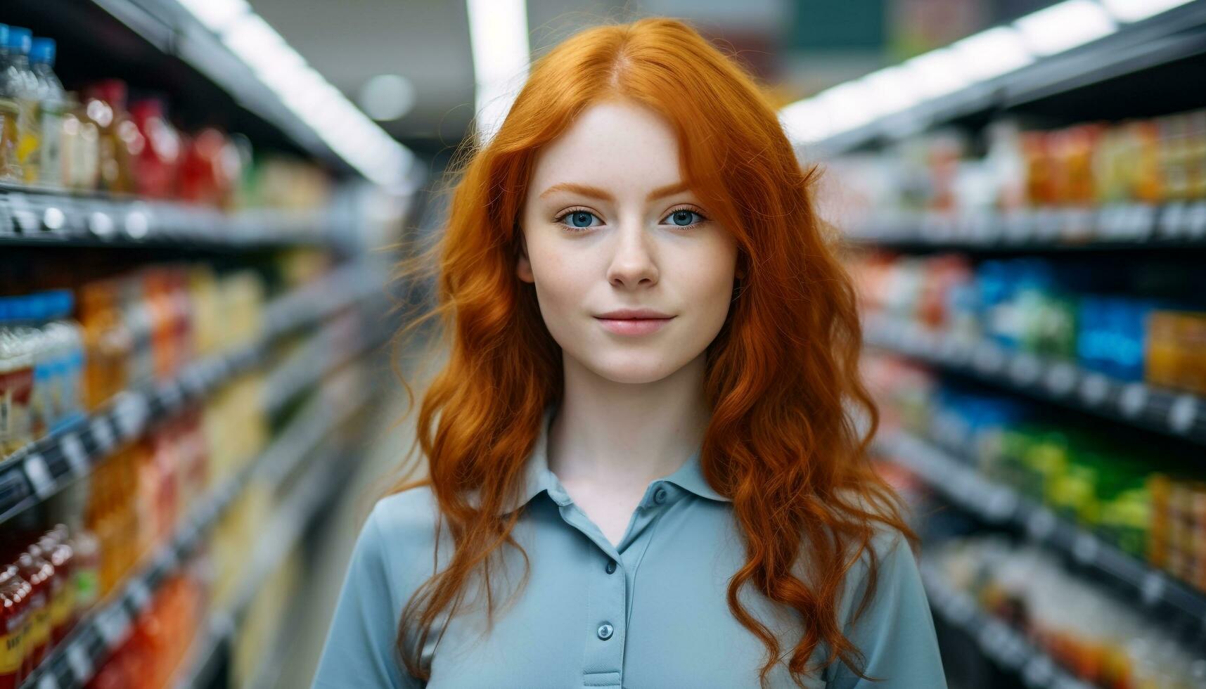 AI generated Young woman smiling, choosing fresh vegetables at supermarket generated by AI photo