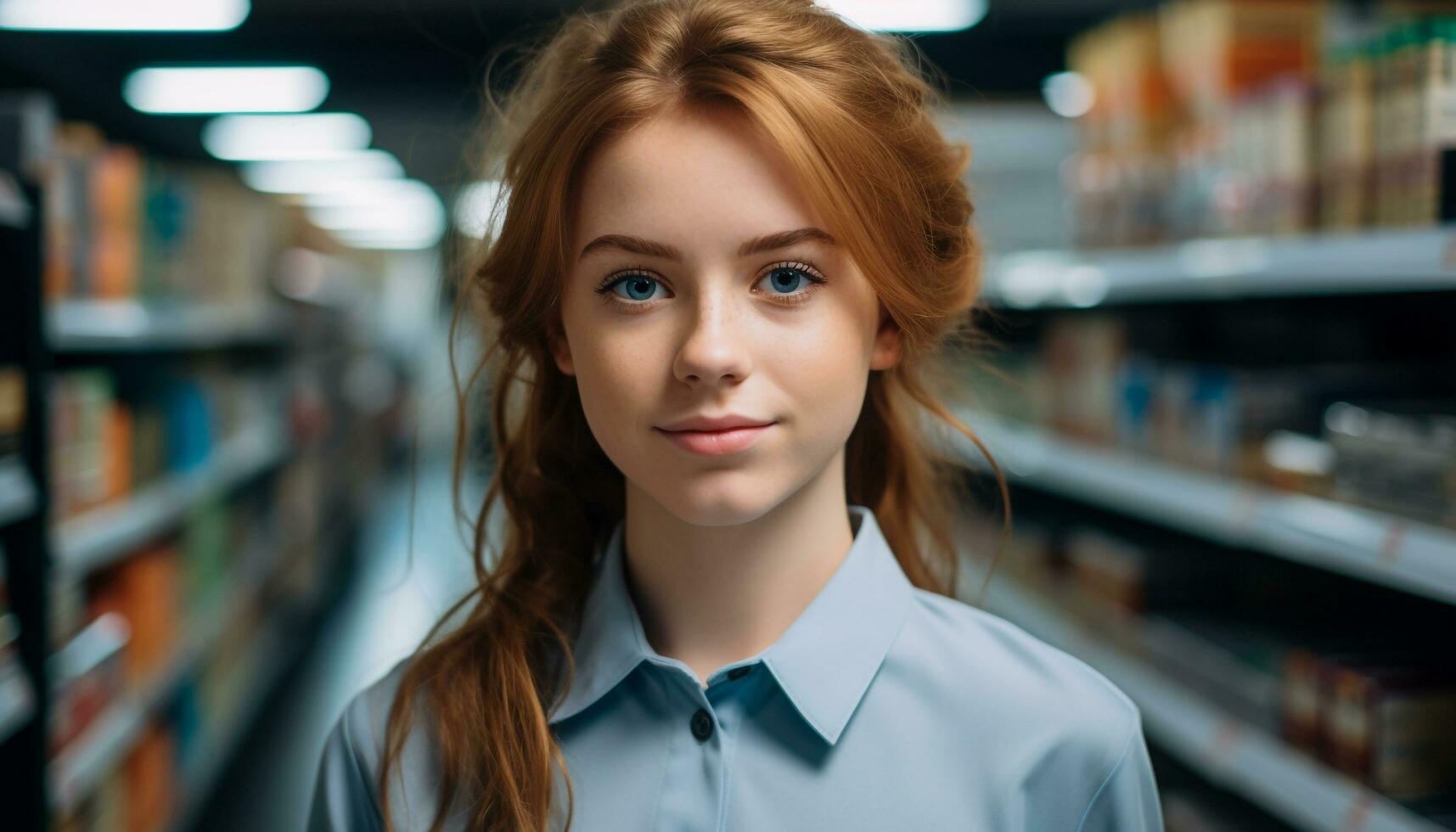 AI generated Smiling young woman studying in library, holding book generated by AI photo