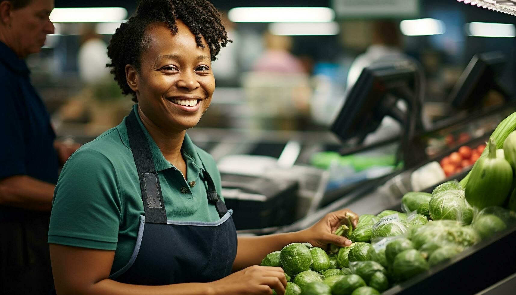 ai generado sonriente adultos comprando Fresco vegetales a un supermercado generado por ai foto