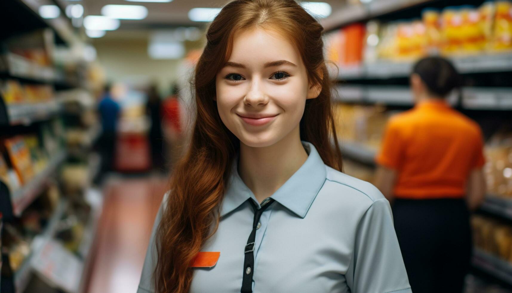 ai generado sonriente joven mujer compras para comestibles a supermercado generado por ai foto