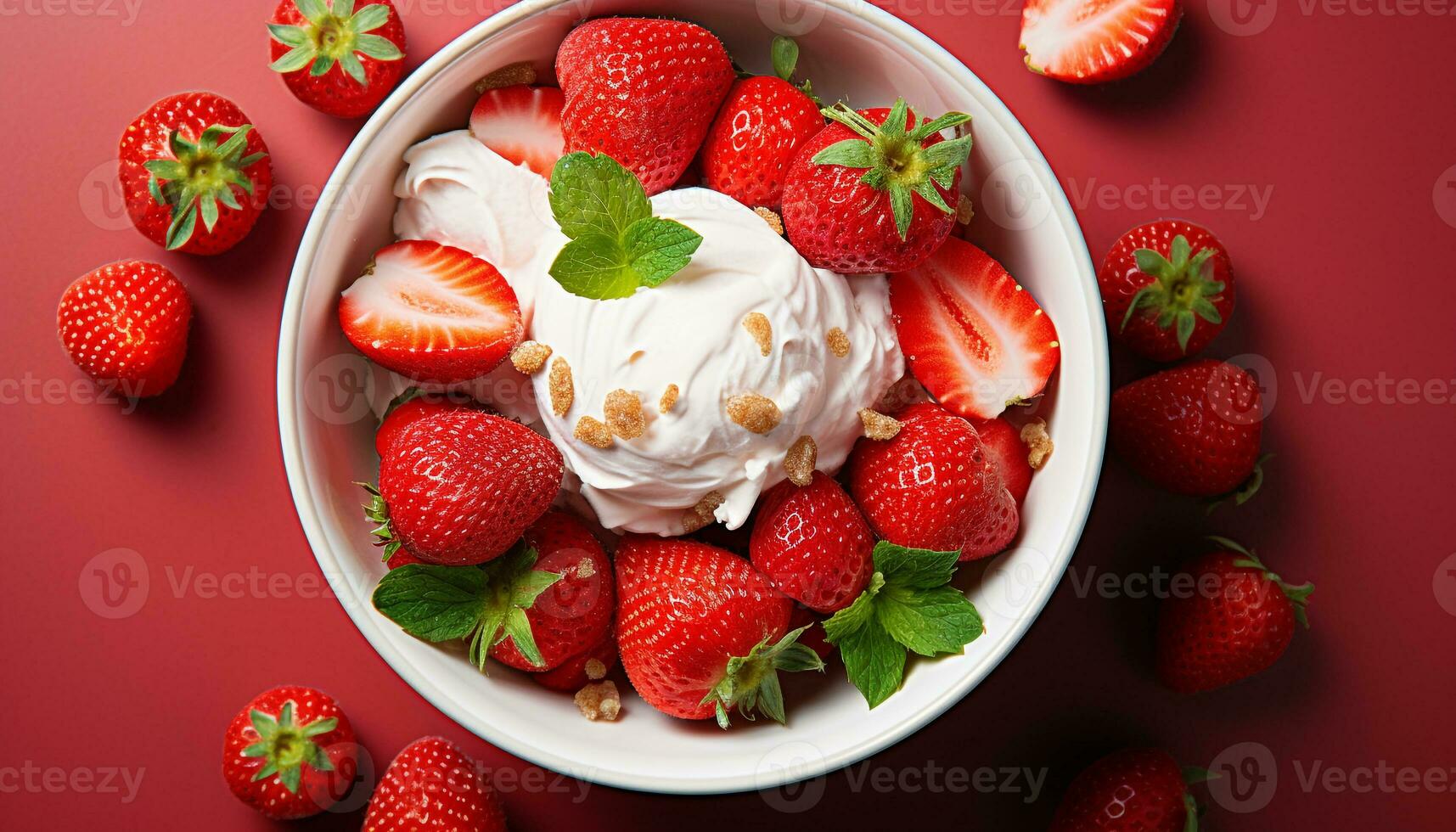 ai generado Fresco fresa postre en de madera mesa con yogur generado por ai foto