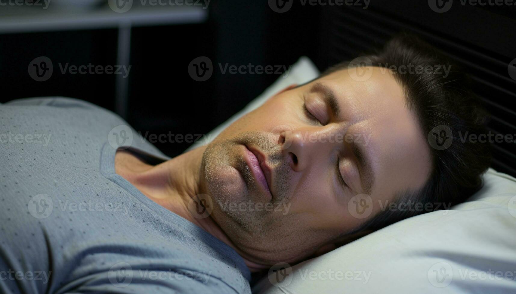 AI generated Young adult man napping peacefully on comfortable bed generated by AI photo