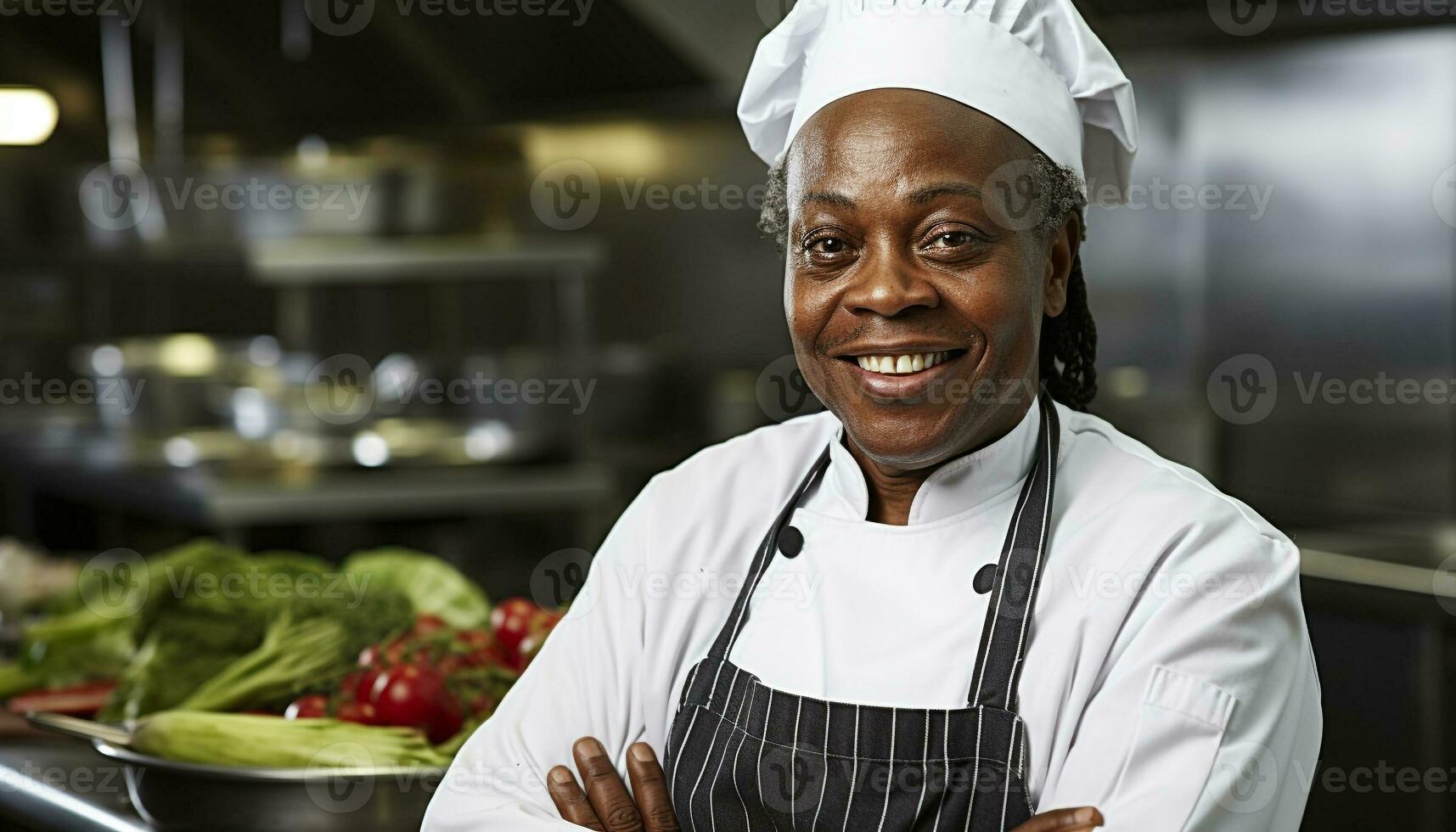 AI generated Smiling chef standing in kitchen exudes confidence generated by AI photo