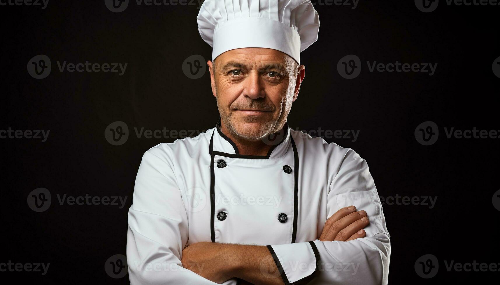 AI generated Smiling chef in uniform, arms crossed, looking confident generated by AI photo