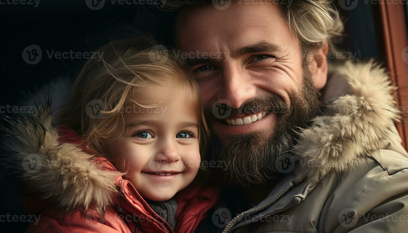 ai generado sonriente padre abraza linda hijo en invierno al aire libre generado por ai foto
