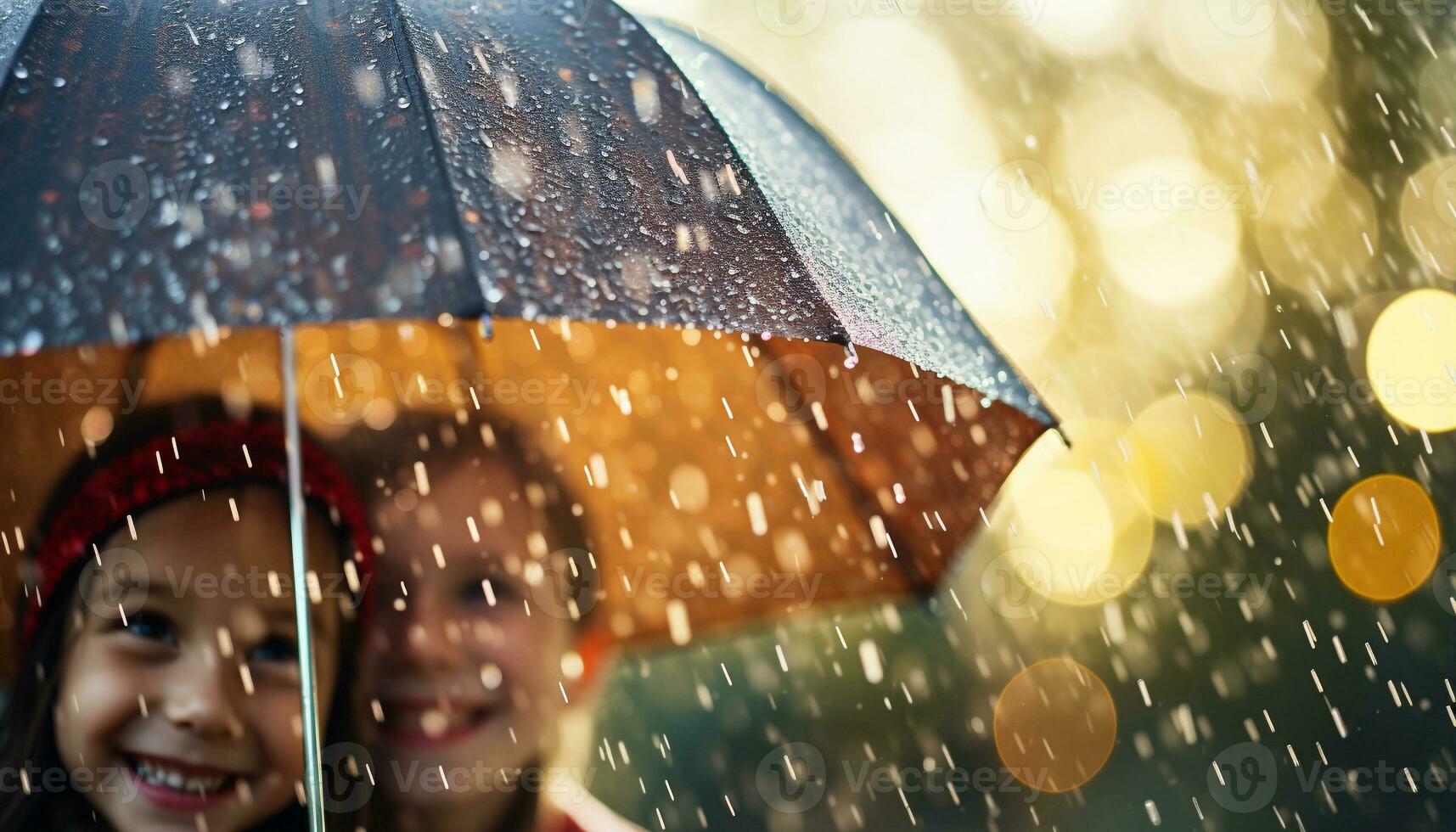 ai generado sonriente niña disfruta lluvia, participación paraguas al aire libre generado por ai foto