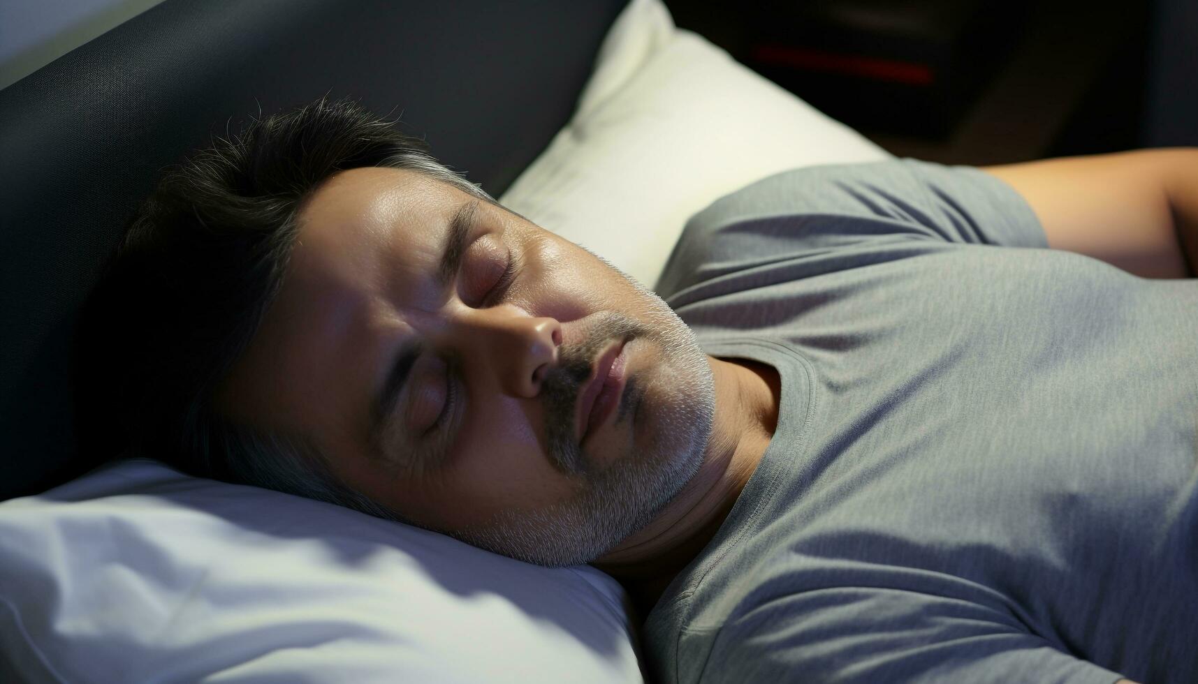 AI generated A tired man resting peacefully on his bed generated by AI photo