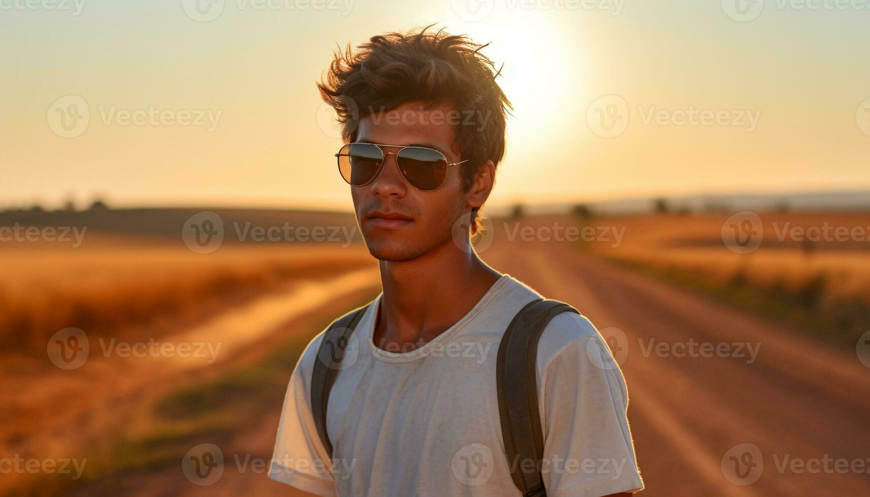 ai generado joven hombre disfrutando al aire libre aventuras en el puesta de sol generado por ai foto