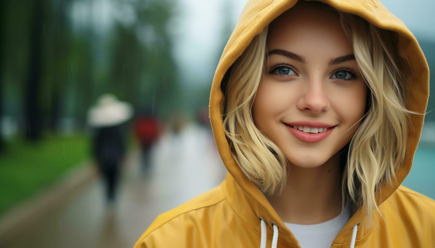 AI generated Smiling young woman walking in the autumn rain generated by AI photo